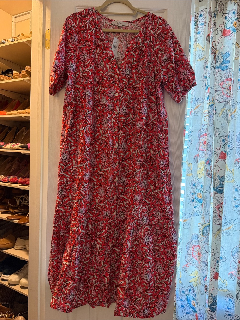LOFT Red Floral Maxi Dress with V-Neck